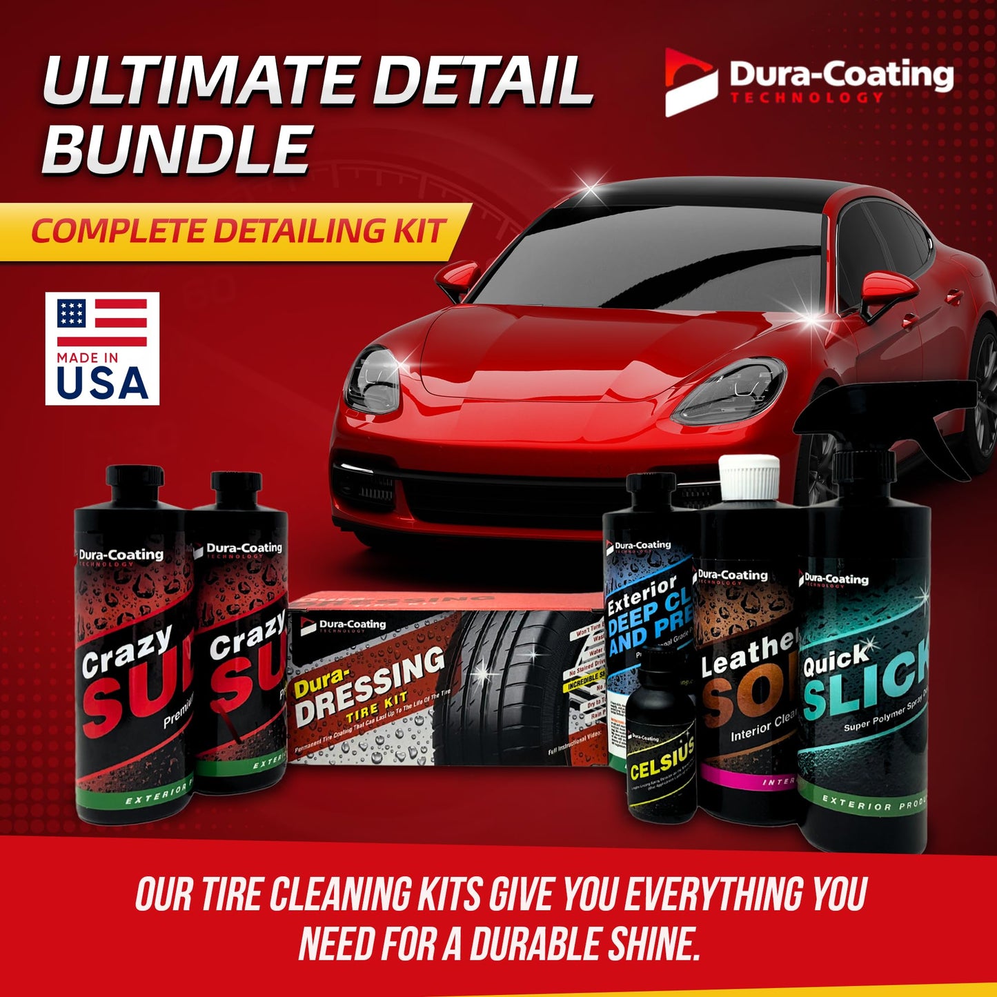 DURA-COATING TECHNOLOGY, Ultimate Car Detailing Kit- Includes a Dura-Dressing Single Vehicle Standard Car Detailing Kit and a Dura-Dressing Total Tire Kit for Vehicles - Car Cleaning Kit