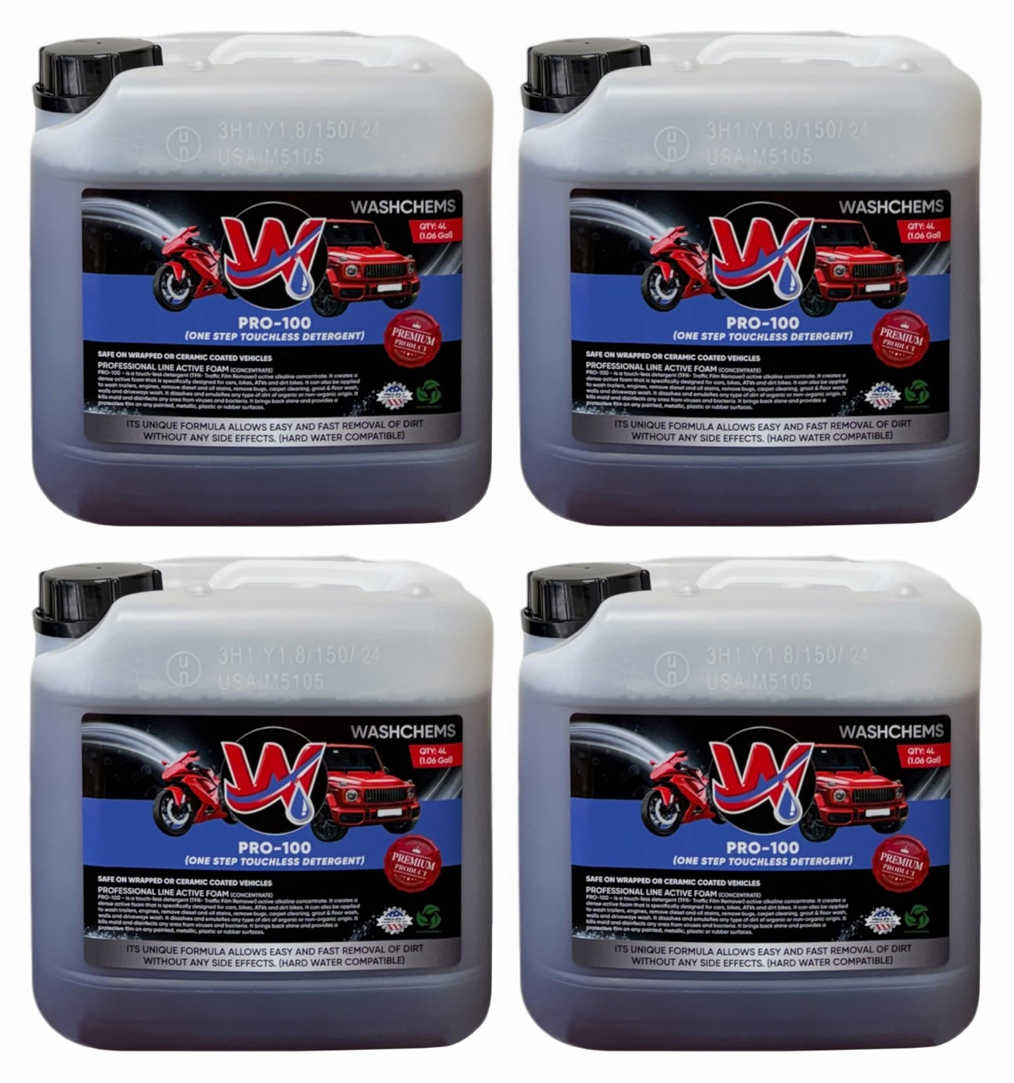 Wash Chems Pro 100 Touchless Car Wash Detergent Soap Concentrate (1 Gal, 128 oz) No Brushing (Heavy-Duty) Commercial Grade Professional Auto Foam Cleaner Great for Trucks & Tractors (4, 1 gallon)