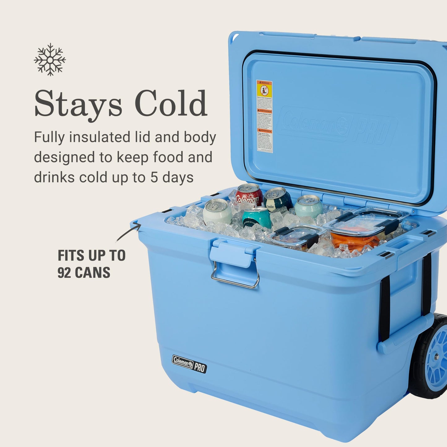 Coleman Pro Heavy-Duty 55qt Wheeled Ultra-Light Premium Hard Cooler, Extra-Thick Insulation Keeps Ice up to 5 Days, 92-Can Capacity, Heavy-Duty Wheels