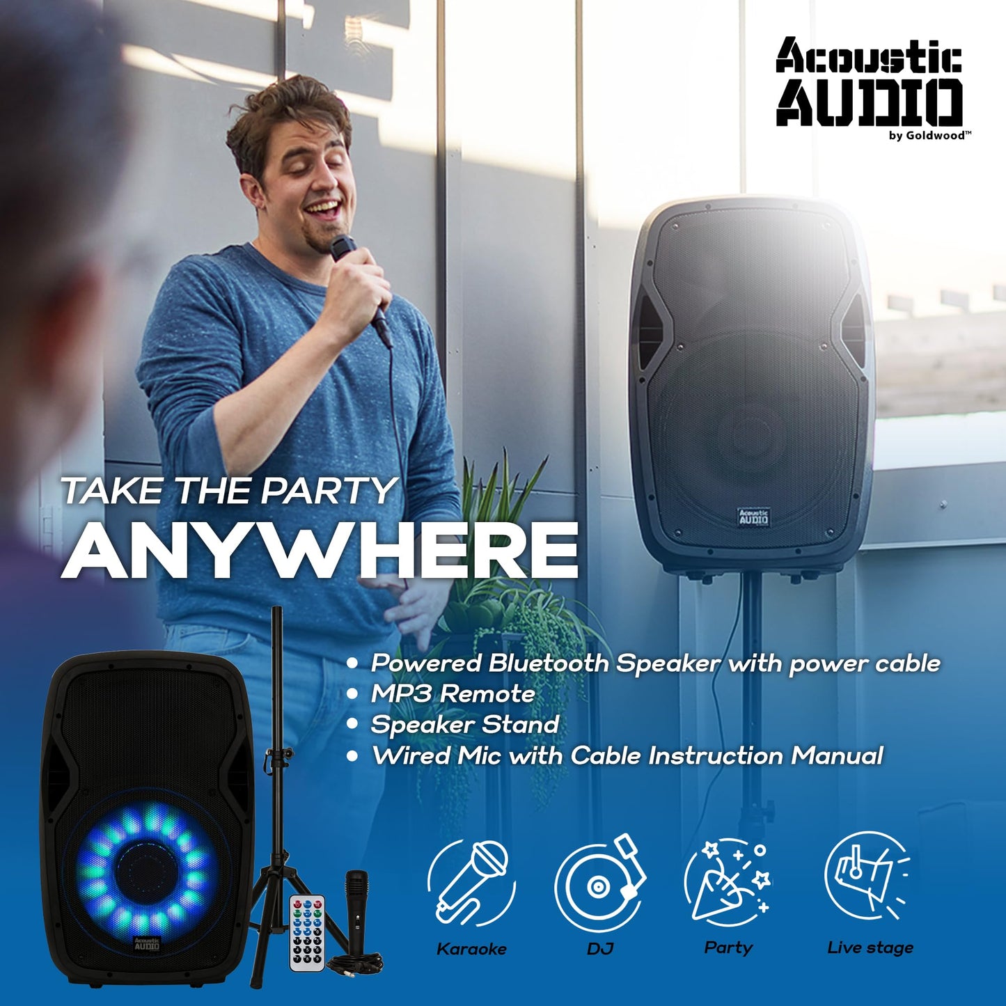 Acoustic Audio by Goldwood 1000W Bluetooth Speaker w/ Flashing LED, Large Plug-In PA System w/ Stand, Mic, & Remote for Karaoke, DJ, or Tailgate Party