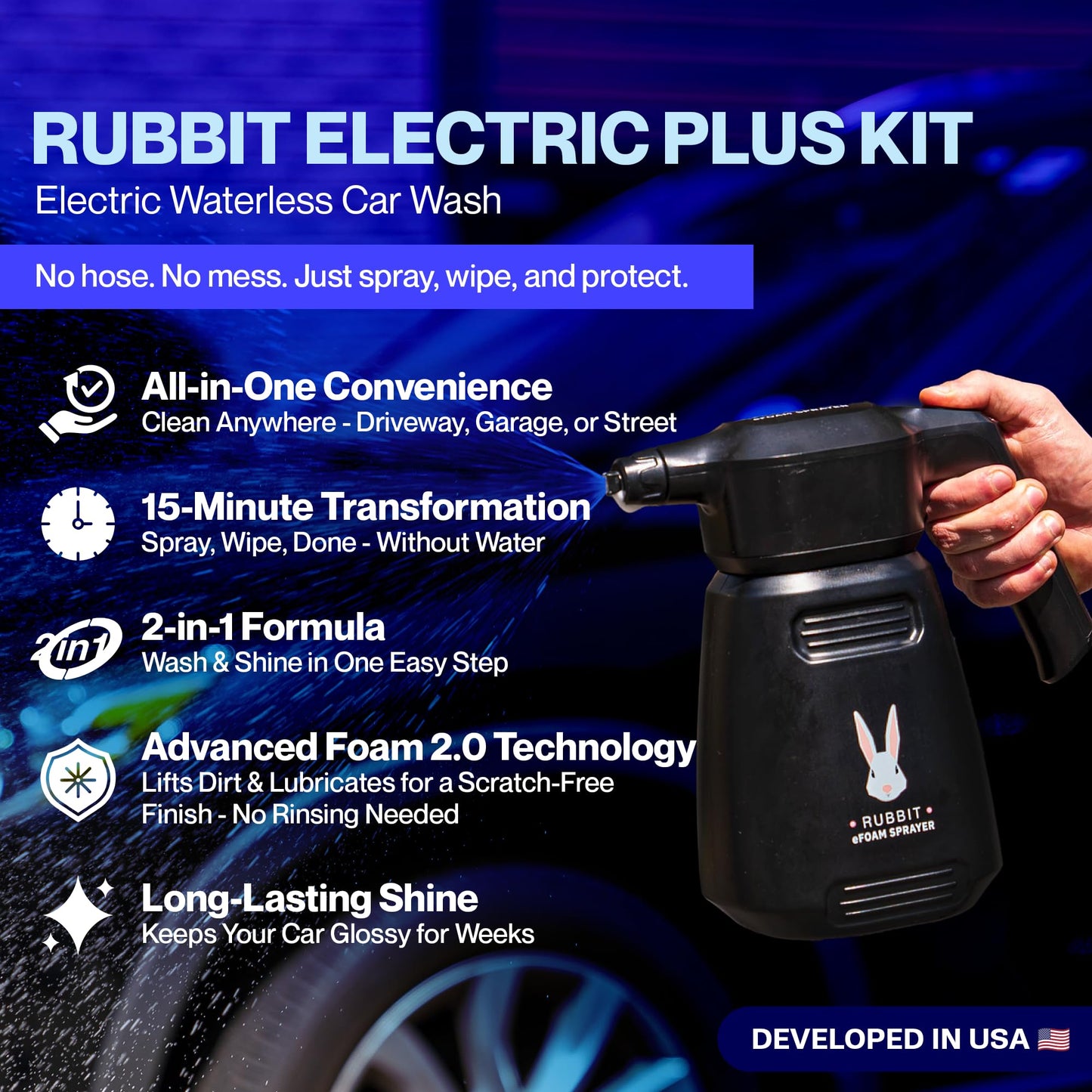 Rubbit Electric Plus Kit, Waterless Car Wash Kit, Rechargeable Electric Sprayer, Foam 2.0 Solution, 6 Reusable Microfiber Towels, & Air Freshener, Car Cleaning Supplies, 9 Piece Auto Cleaning Kit