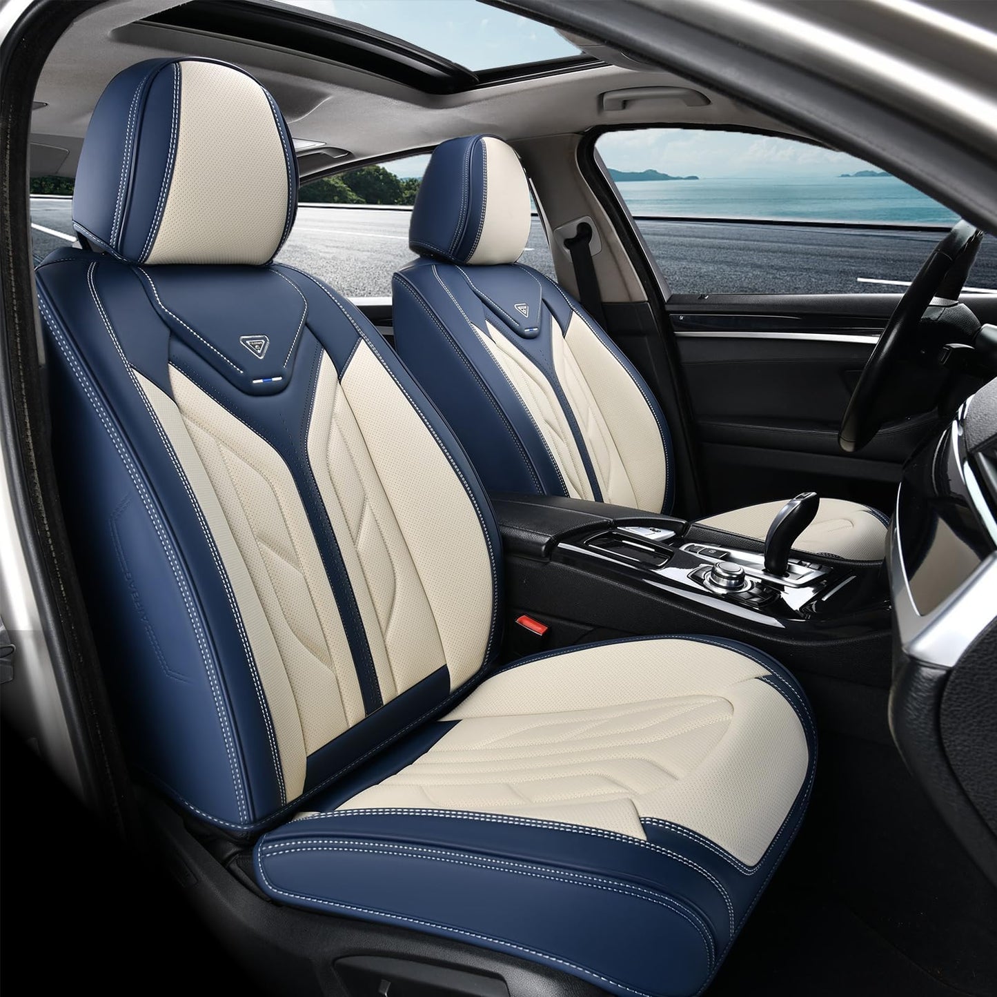 Coverado Car Seat Covers Full Set, Leather Seat Covers for Cars, Automotive Seat Covers Car Seat Protectors Car Accessories Universal Fit for Most Sedans SUV Pick-up Truck(Blue&Beige)