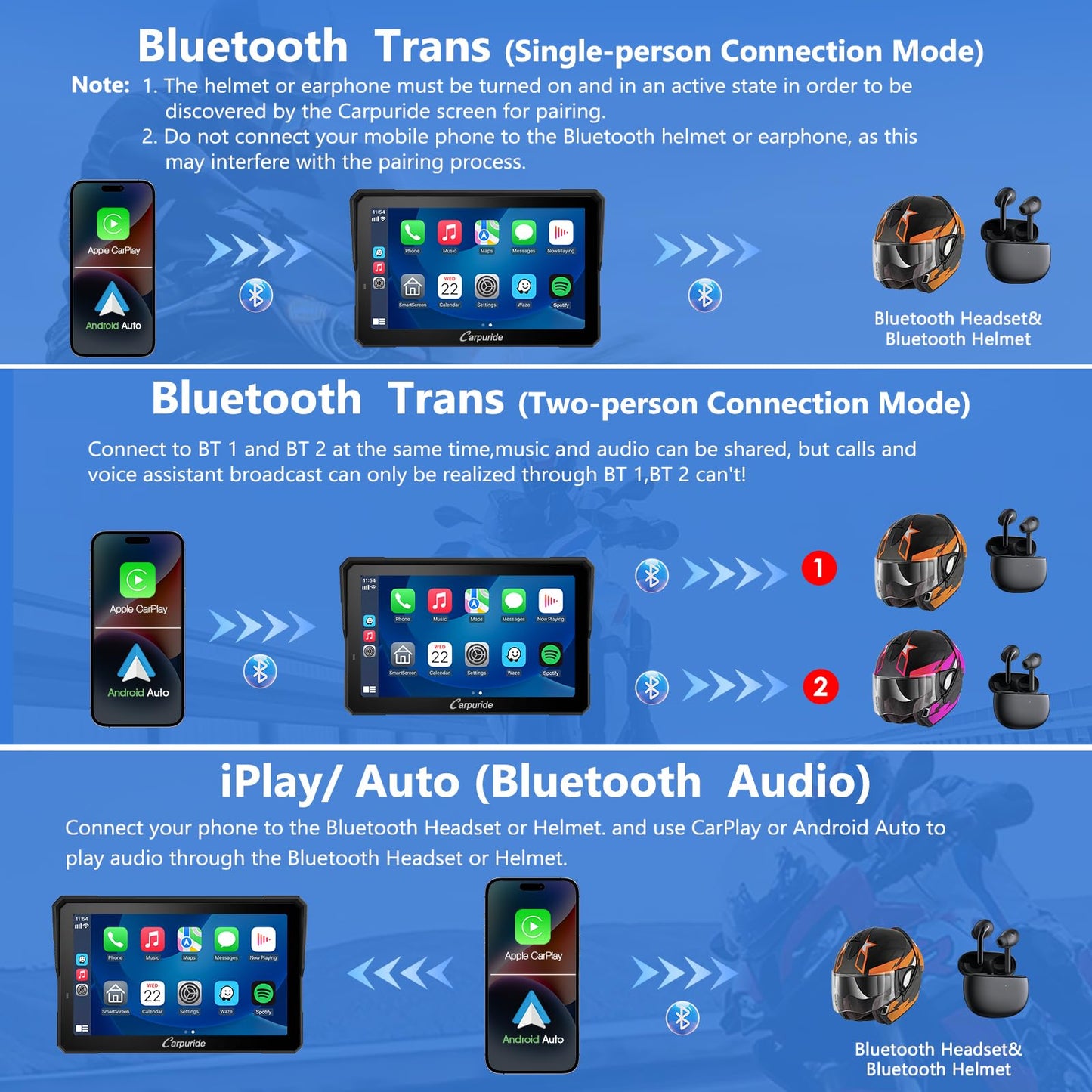 2025 CARPURIDE W702BS PRO for BMW Motorcycle CarPlay & Android Auto Dual Bluetooth, 7" Waterproof GPS Navigation Screen, Data Reading, Native Wonder, TPMS, Light Sensor, Music Sharing, Intercom,16-Pin