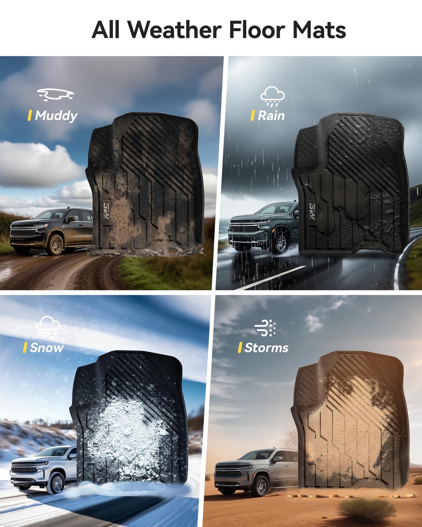 3W Floor Mats & Cargo Liner Fit for 2021 2022 2023 2024 2025 Chevy Tahoe/GMC Yukon/Cadillac Escalade 7 Seat, TPE All Weather Custom Fit Car Accessories Heavy Duty Rubber Full Set Trunk Mats