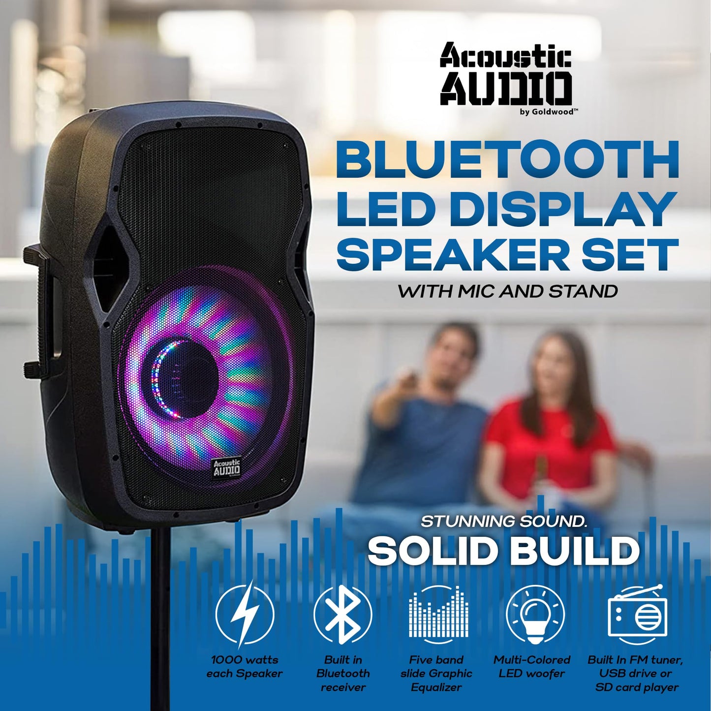Acoustic Audio by Goldwood 1000W Bluetooth Speaker w/ Flashing LED, Large Plug-In PA System w/ Stand, Mic, & Remote for Karaoke, DJ, or Tailgate Party