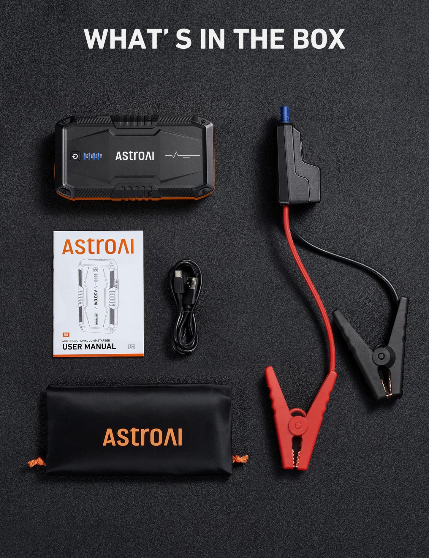 AstroAI S8 Car Battery Jump Starter, 1500A Peak Car Jumper Starter Battery Pack for Up to 6.0L Gas & 3.0L Diesel Engines, 12V Portable Jump Box with 3 Modes Flashlight and Jumper Cable (Orange)