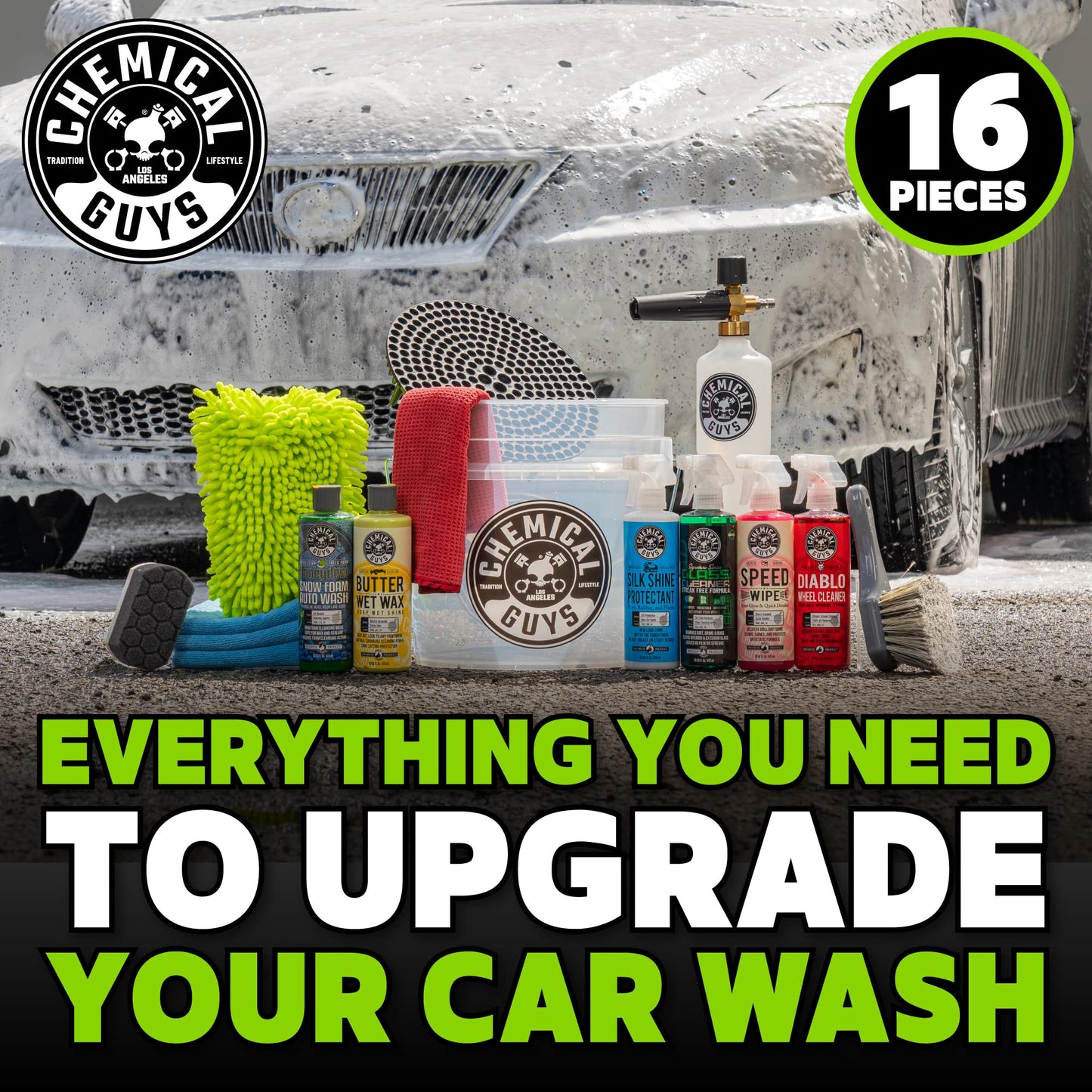 Chemical Guys HOL169 16-Piece Arsenal Builder Car Wash Kit with Foam Cannon, Bucket and (6) 16 Oz Car Care Cleaning Chemicals, Gift for Car & Truck Lovers, Dads and DIYers (Works W/Pressure Washers)