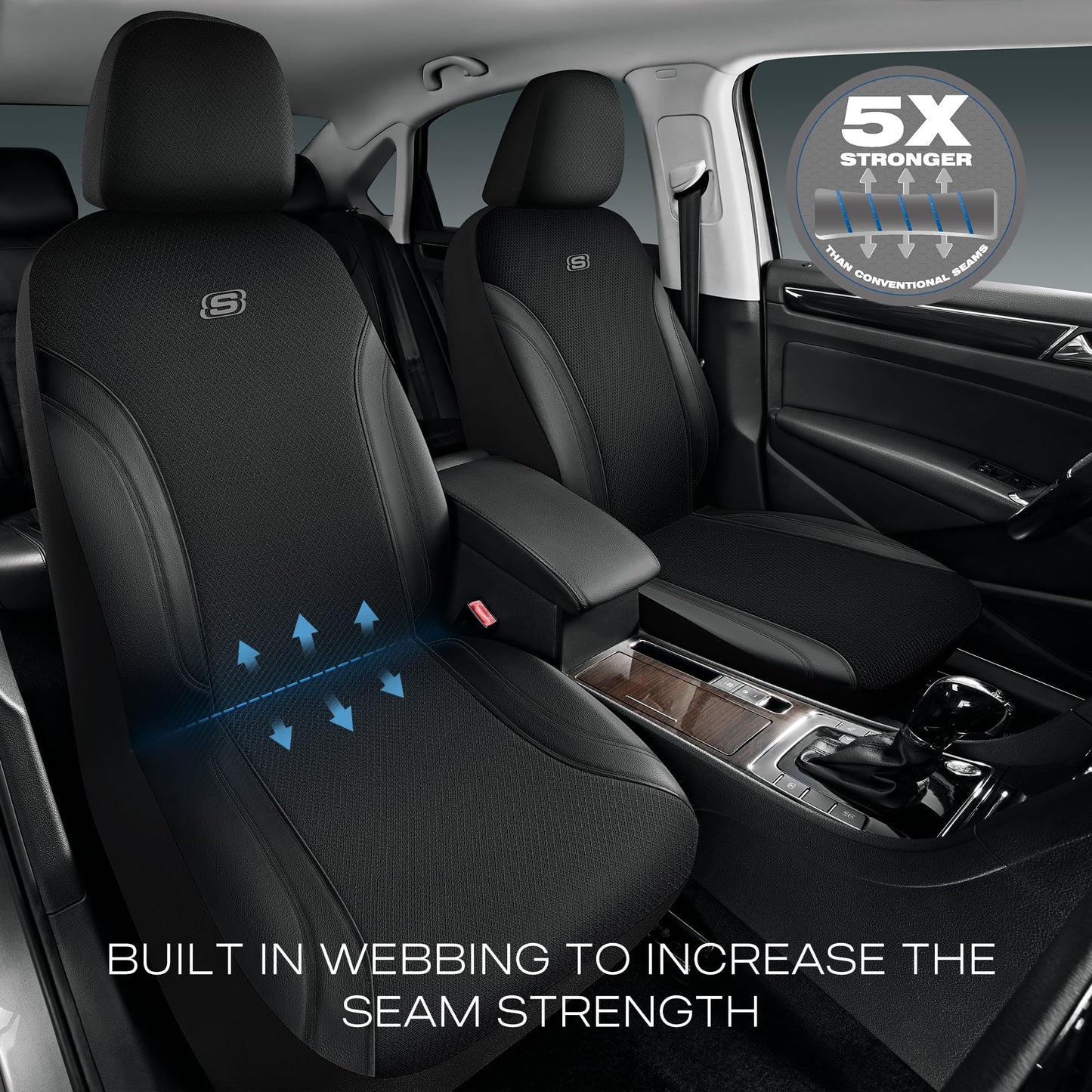 Skechers Car Seat Covers, Work Leather Seat Covers 5-Times Stronger Built-in Webbing, Oxford Fabric Front Seat Cover, Airbag Compatible, Automotive Comfort for Cars, Trucks, SUVs,Black