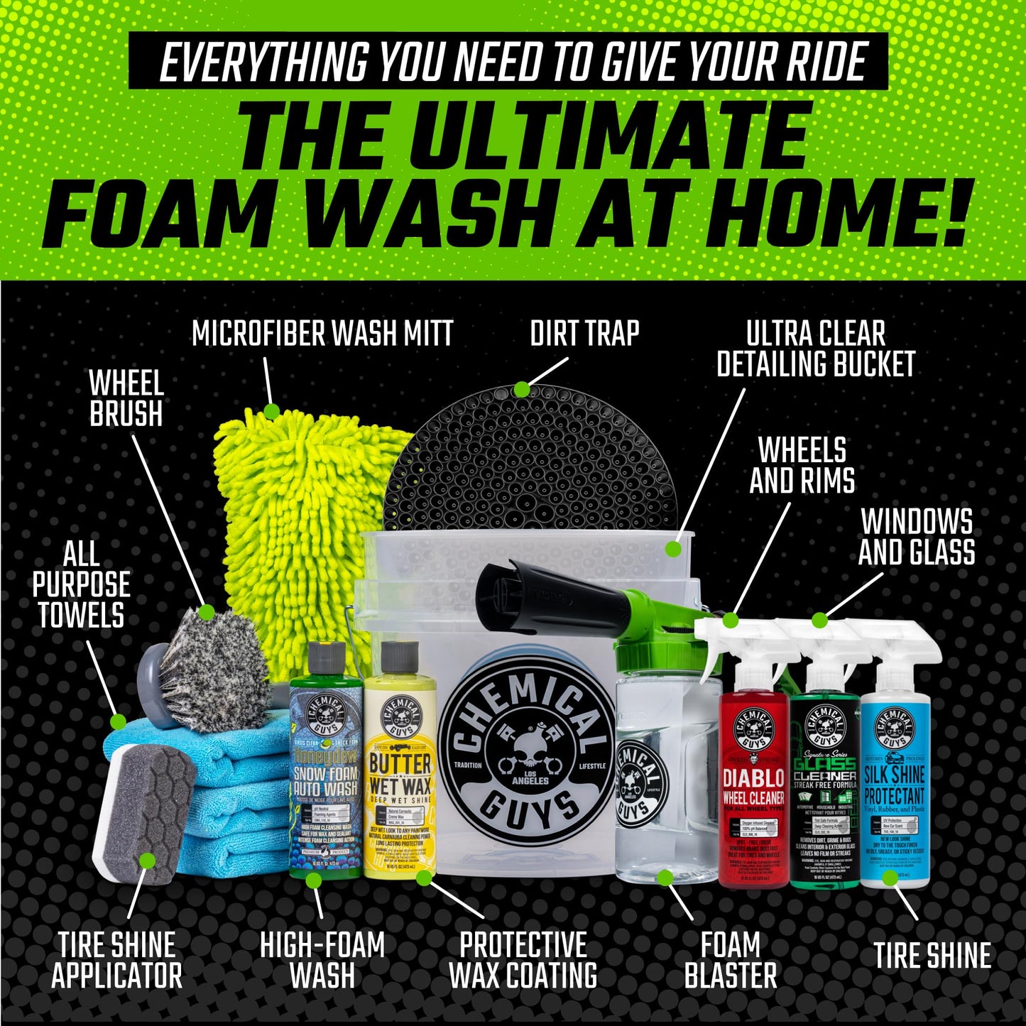 Chemical Guys HOL126 14-Piece Arsenal Builder Car Wash Kit with Foam Gun, Bucket, and (5) 16 oz Car Care Cleaning Chemicals, Gift for Car & Truck Lovers, Dads and DIYers (Works w/Garden Hose)