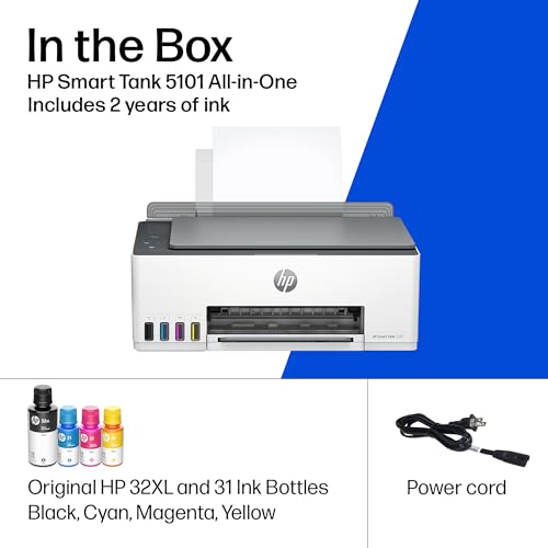 HP Smart Tank 5101 Wireless All-in-One Ink Tank Printer, Scanner, Copier with 2 years of ink and 100 sheets of photo paper included, Best-for-home, Refillable, AI-enabled (1F3Y0A)