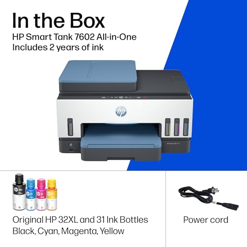 HP Smart Tank 7602 Wireless All-in-One Ink Tank Printer, Scanner, Copier with 2 years of ink included, Best-for-home office, Refillable, AI-enabled (28B98A)