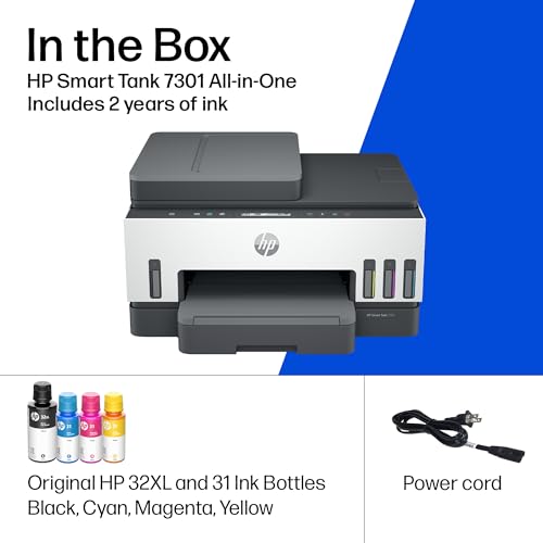 HP Smart Tank 7301 Wireless All-in-One Ink Tank Printer, Scanner, Copier with 2 years of ink included, Best-for-home office, Refillable, AI-enabled (28B70A)