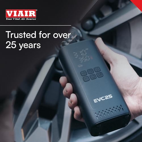 Viair Every Vehicle Carry EVC25 - rechargeable, portable compressor - LED gauge w/preset - Tire Inflator ideal for compact & mid-size cars, LT trucks, E-bikes, motorcycles & Inflatables