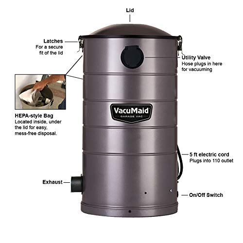 VacuMaid GV30PRO Wall Mounted Garage and Car Shop Vacuum Cleaner with 30 ft. Hose, Tools, and 7 Gallon Bag