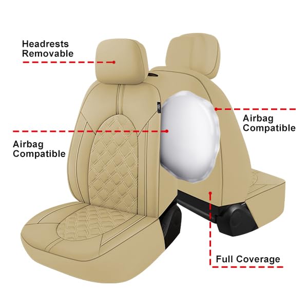 CAROMOP Luxury PU Leather Car Seat Covers Full Set-Waterproof Seat Protectors with Split Bench Seat Covers for Cars-Universal Cars Interior Covers for Sedans, SUVs, Pick-up Trucks(Beige/Beige Line)