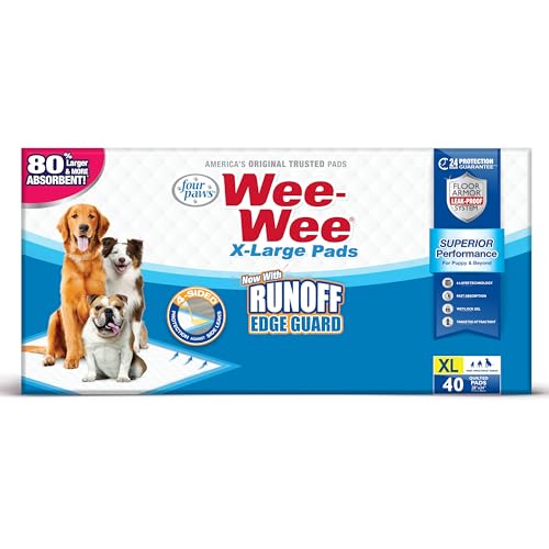 Four Paws Wee-Wee Superior Performance Unscented Extra-Large Pee Pads for Dogs & Puppies, Quilted Leak-Proof Dog Housebreaking Potty Training Floor Protection, 28" x 34", 40 Count