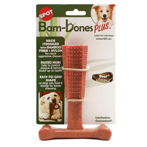 SPOT Bam-Bones Plus T-Bone, Bamboo Fiber & Nylon Dog Chew, Durable for Aggressive Chewers, Non-Splintering, for Adult Dogs & Teething Puppies Under 60lbs, 6in, Beef Flavor