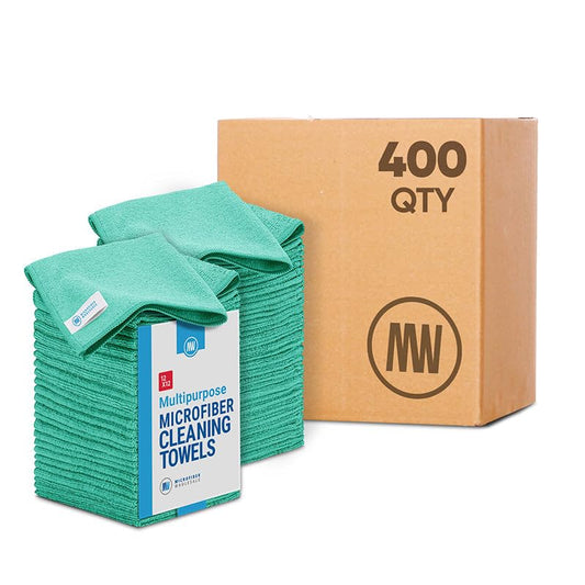 Bulk 12” X 12” All Purpose Microfiber Towels Wholesale - Case Quantity (400 Count) | No Fraying | High Density Microfiber | Zero Chemical Cleaner | Long-Lasting (Green)