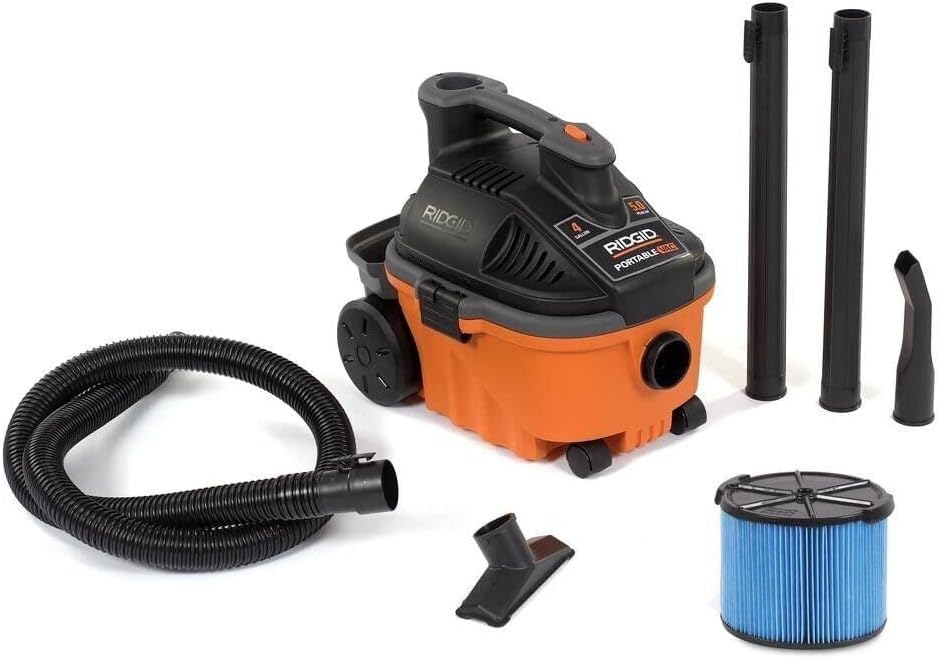 Wet Dry Vacuums with Rear Wheels, 5.0 Peak HP, 4-Gallon Wet Dry Vacuum Cleaner with Tool Kit Casters Powerful Cartridge Filter