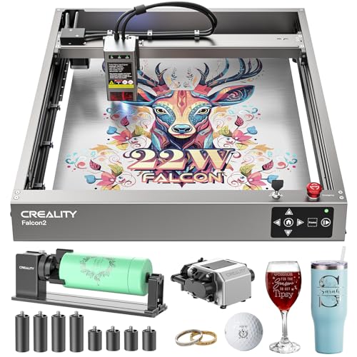 CREALITY FALCON2 22W Laser Engraver Machine with Air Assist and Rotary Roller, 220W High Accuracy Laser Engraver and Cutter Machine for Cylindrical Objects, 25000mm/min Faster Engraving