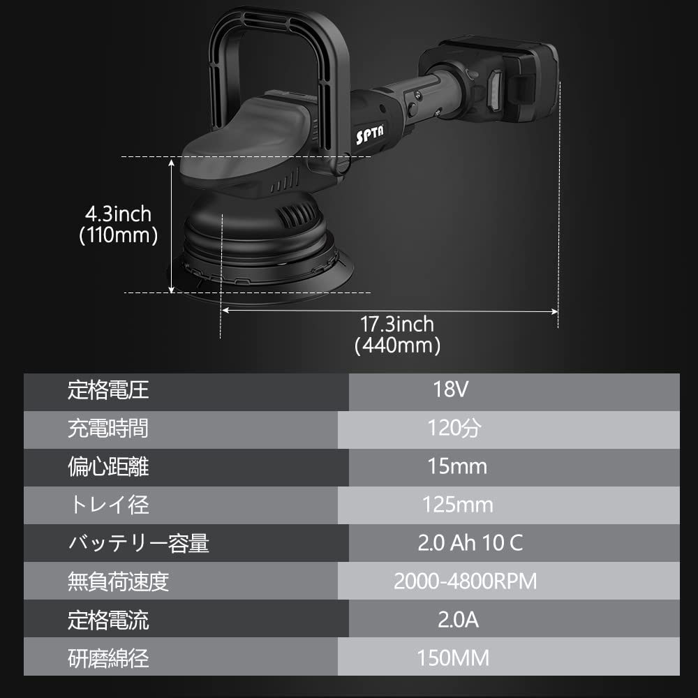 SPTA 18V Cordless Car Polisher, 15mm Orbit 2000-4800 OPM Portable Buffer Polisher with 7 Variable Speed 2Pcs 4.0Ah Battery, 6 Sponge Pads,2 Wool Pad, Tool Bag for Car Polishing, Waxing