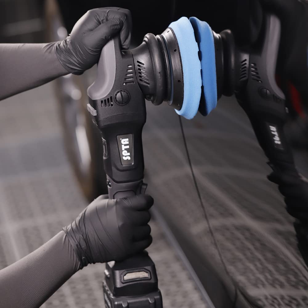 SPTA 18V Cordless Car Polisher, 15mm Orbit 2000-4800 OPM Portable Buffer Polisher with 7 Variable Speed 2Pcs 4.0Ah Battery, 6 Sponge Pads,2 Wool Pad, Tool Bag for Car Polishing, Waxing