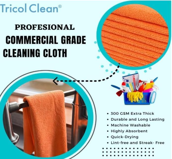 Tricol Clean Professional Extra Thick Commercial Grade Microfiber Cleaning Cloth, Orange, Pack of 240