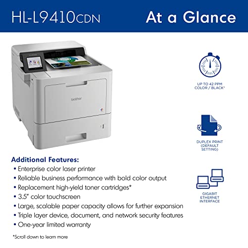 Brother HL‐L9410CDN Enterprise Color Laser Printer with Fast Printing, Large Paper Capacity, and Advanced Security Features, White