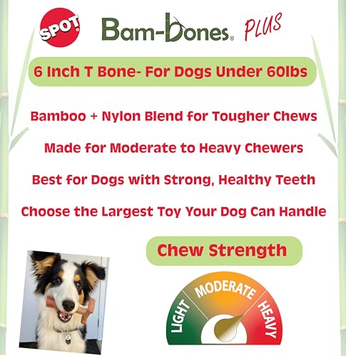 SPOT Bam-Bones Plus T-Bone, Bamboo Fiber & Nylon Dog Chew, Durable for Aggressive Chewers, Non-Splintering, for Adult Dogs & Teething Puppies Under 60lbs, 6in, Beef Flavor