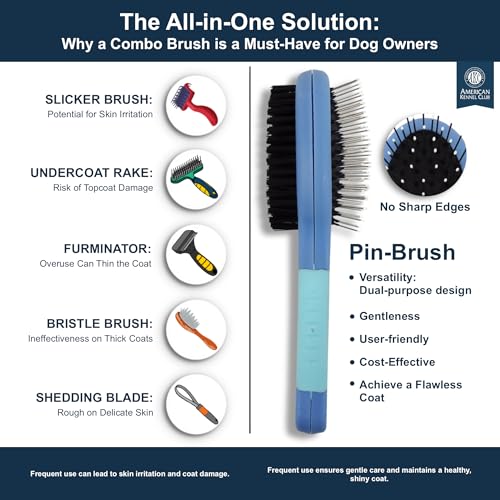 AMERICAN KENNEL CLUB AKC Pet Grooming Brush for Dogs and Cats - 2-in-1 Deshedding and Detangling Brush with Dense Nylon Bristles, Removes Loose Hair for Short and Long Coat Dogs and All Breeds