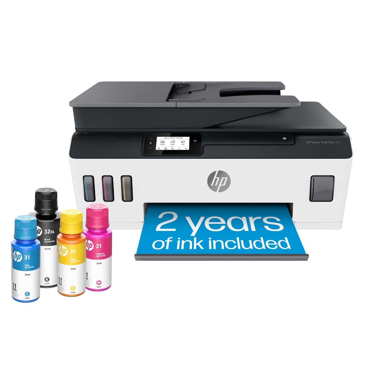 HP Smart -Tank Plus 651 Wireless All-in-One Ink -Tank Printer, up to 2 Years of Ink in Bottles, Auto Document Feeder, Mobile Print, Scan, Copy,, Fax, Works with Alexa (7XV38A)
