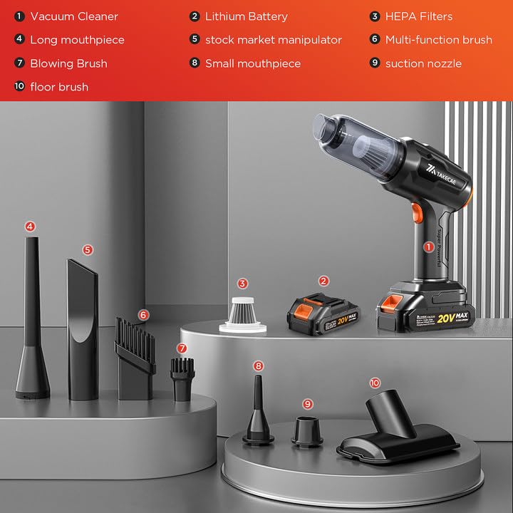 TAKECAE 15000PA Hand Held Vacuum Cleaner Cordless Rechargeable, 2000mAh*2Battery Mini Vacuum Cleaner, Cars Accessories Interior, 4-in-1 Portable Air Duster ForCar, Office, Home, Pet Hair Cleaning