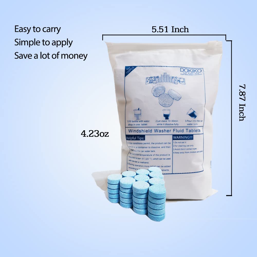 DOKIKO 50Pcs Car Windshield Washer Tablets,Windshield Wiper Fluid,1 Pack Makes 105 Gallons,Efficient Cleaning, Portable(Winter Use With De-icer or Methanol)