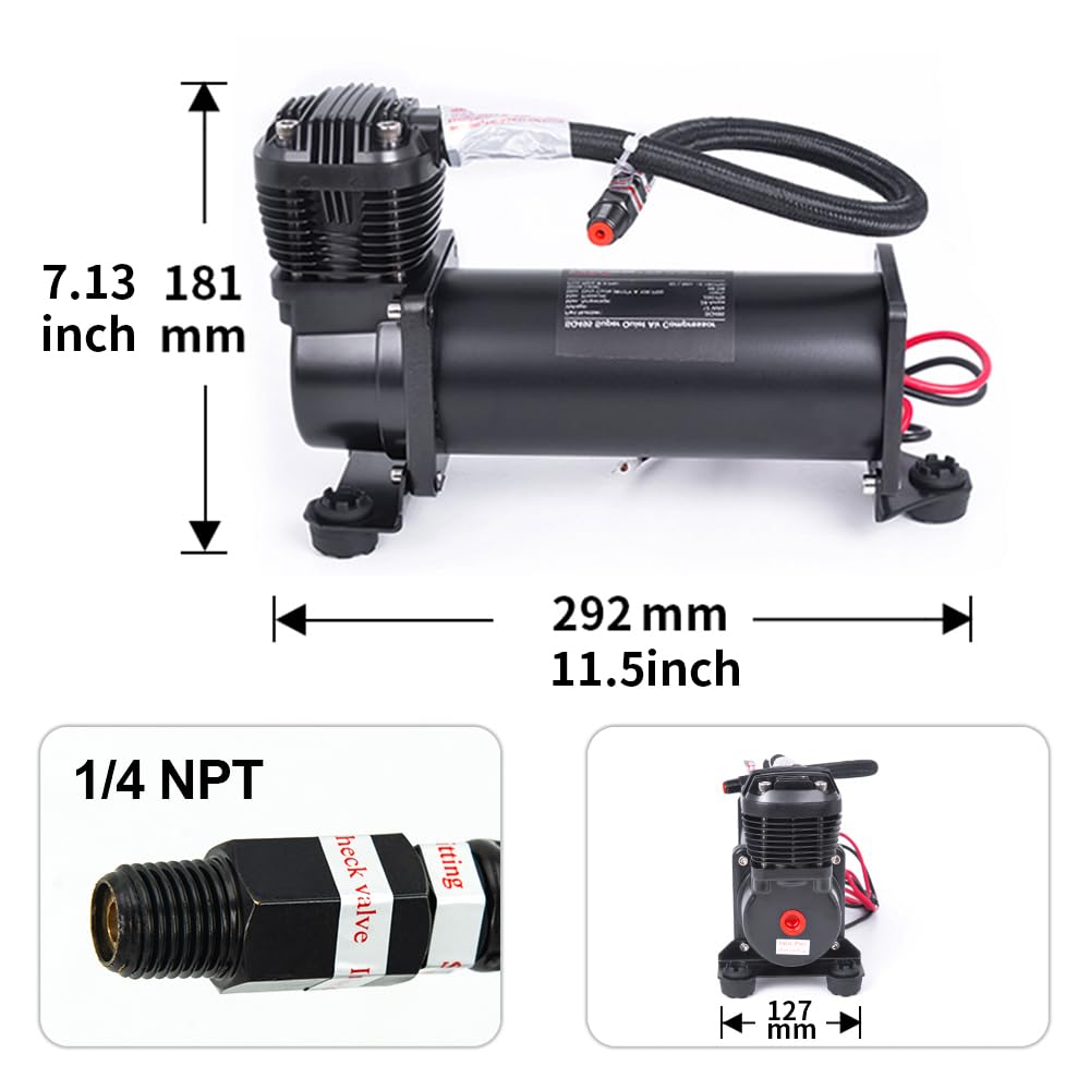 ZHSYMX Ultra Quiet Air Compressor, 1/4 NPT Super Silent 69DB 12V 300PSI Air Ride Suspension Compressor/Air Train Horn for Train/Truck/Car Black