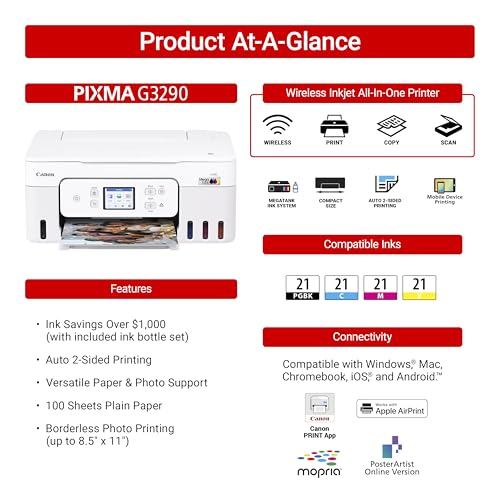 Canon Megatank G3290 All-in-One Wireless Supertank [Megatank] Printer | Print, Copy Scan | Mobile Printing |2.7" LCD Color Touchscreen | Auto Duplex