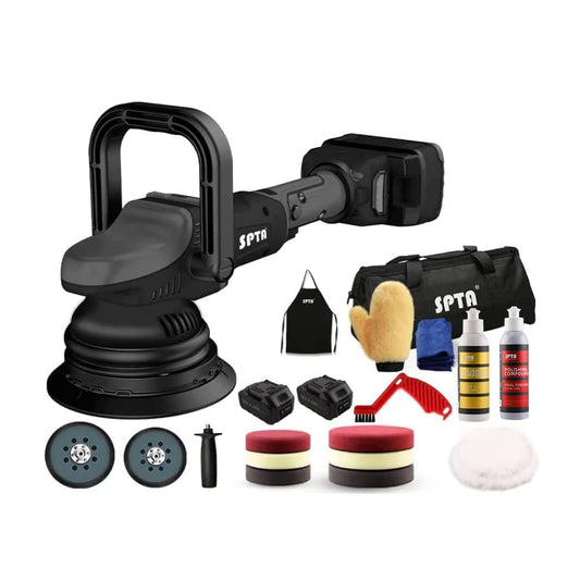 SPTA 18V Cordless Car Polisher, 15mm Orbit 2000-4800 OPM Portable Buffer Polisher with 7 Variable Speed 2Pcs 4.0Ah Battery, 6 Sponge Pads,2 Wool Pad, Tool Bag for Car Polishing, Waxing