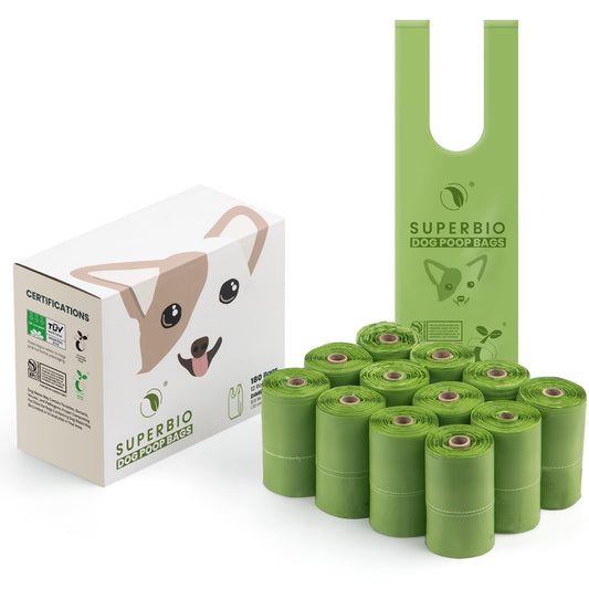 SUPERBIO Handle Tie Dog Poop Bags,12 Rolls,180 Bags,Extra Thick and Strong, OK compost INDUSTRIAL.