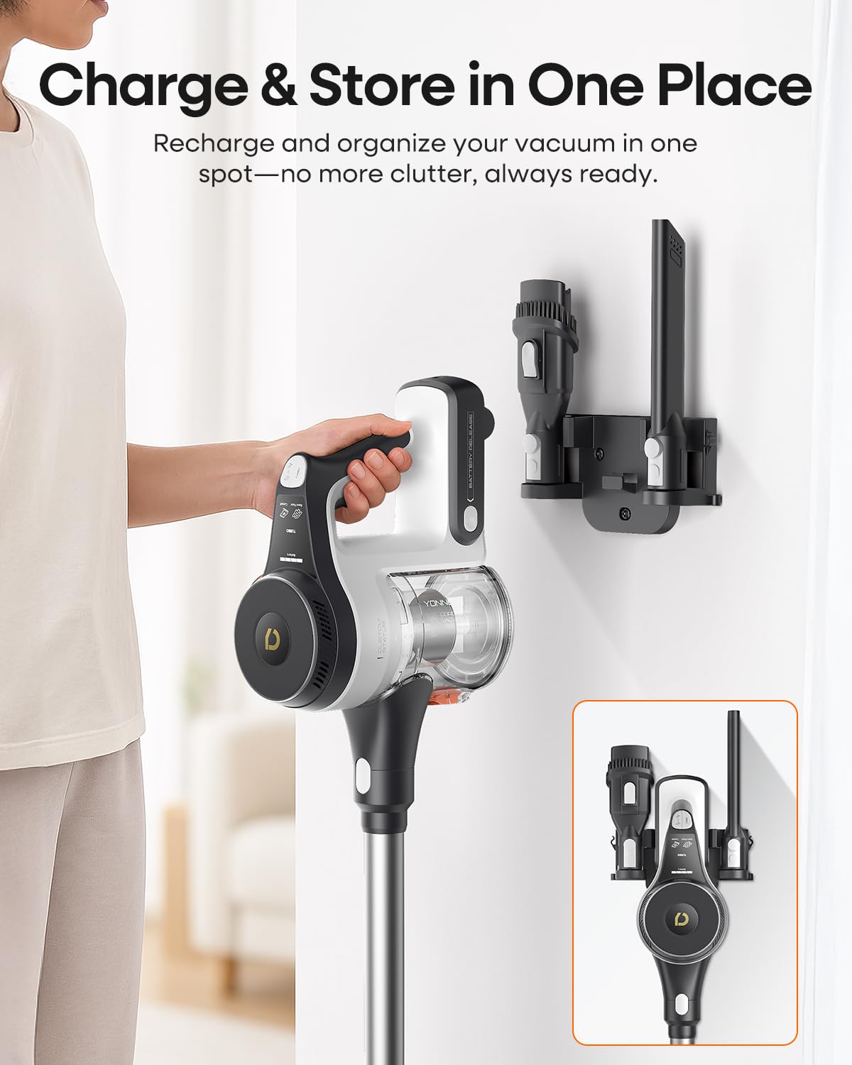 YONNDER Cordless Vacuum Cleaner, 48KPA/550W/65Mins Powerful Stick Vacuum for Home, Anti-Tangle, Self-Standing, Lightweight, Charging Dock, Vacuum Cleaner for Hardwood Floor/Carpet/Pet Hair/Car, M1