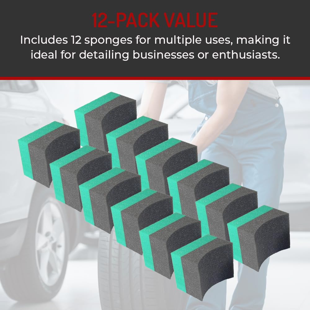 Hi-Tech Tire Dressing Applicator 12 Pack - Durable and Reusable, Contoured Tire Shine and Dressing Sponge for Your Car's Wheels