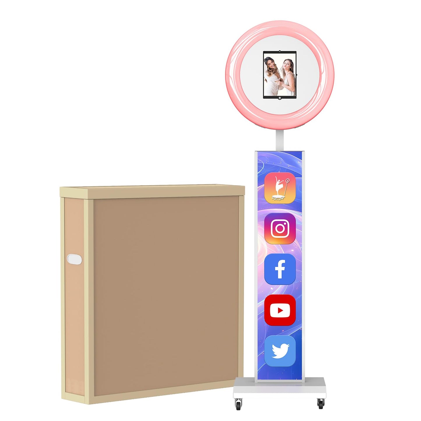MWE Portable Photo Booth Machine Stand Compatible with Any Ipad with Software APP and Remote Control, RGB Ring Lights Music Sync, Free Custom Logo,ChackTok VIP (White, Light Box-Honeycomb Case)
