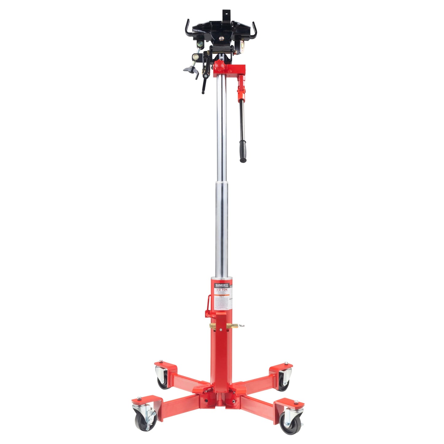 Sunex Tools 7796 1,000 lb Telescopic Transmission Jack, Air/Hydraulic, Foot & Hand Pump, Adjustable Saddle Arms, 73.5 in Max Height