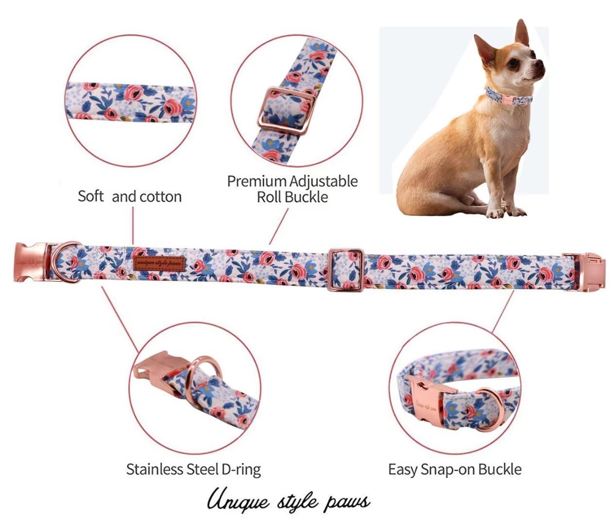 Unique Style Paws Dog Collar With Metal Buckle - Red Rose Flower Gift for Small, Medium, Large Boys Girls Dogs - Durable and Cute