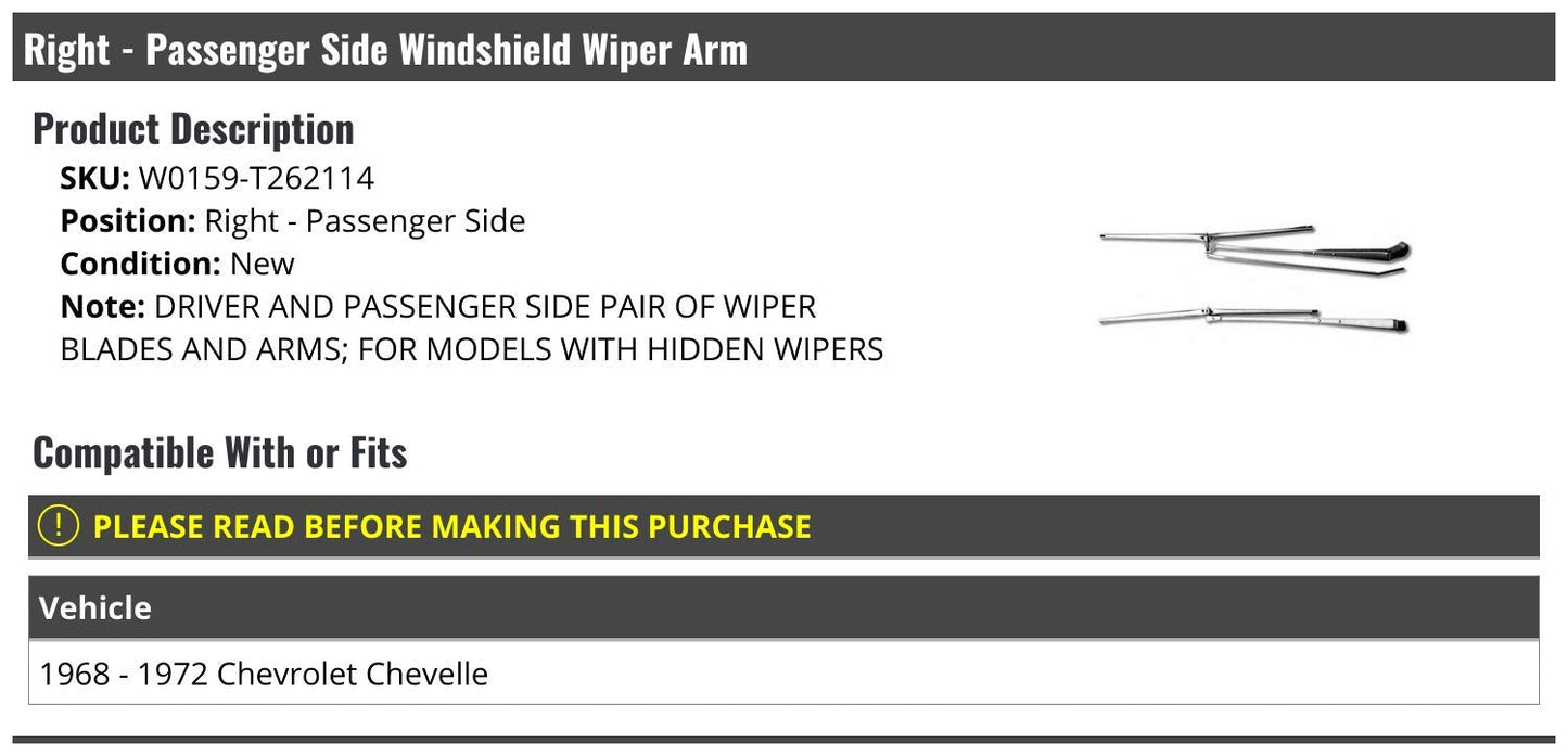 Marketplace Auto Parts Left and Right Windshield Wiper Arm Set with Blades - Compatible with 1968-1972 Chevy Chevelle with Hidden Wipers