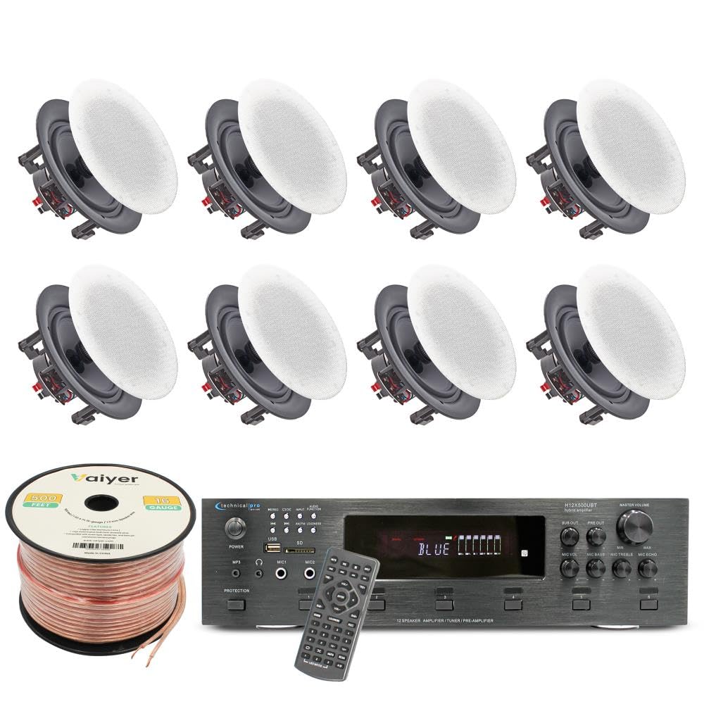 Vaiyer Home Audio System Kit, 6-Channel 6000 Watts Bluetooth Amplifier with 6.5" 8 QTY of 200 W Each Frameless in-Wall in-Ceiling Speakers & 16 AWG 500 ft. Speaker Wire - Perfect for Home, Office, Bar