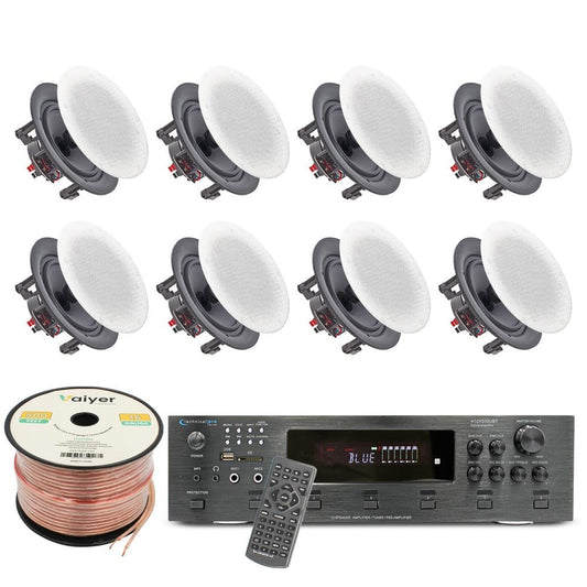 Vaiyer Home Audio System Kit, 6-Channel 6000 Watts Bluetooth Amplifier with 6.5" 8 QTY of 200 W Each Frameless in-Wall in-Ceiling Speakers & 16 AWG 500 ft. Speaker Wire - Perfect for Home, Office, Bar