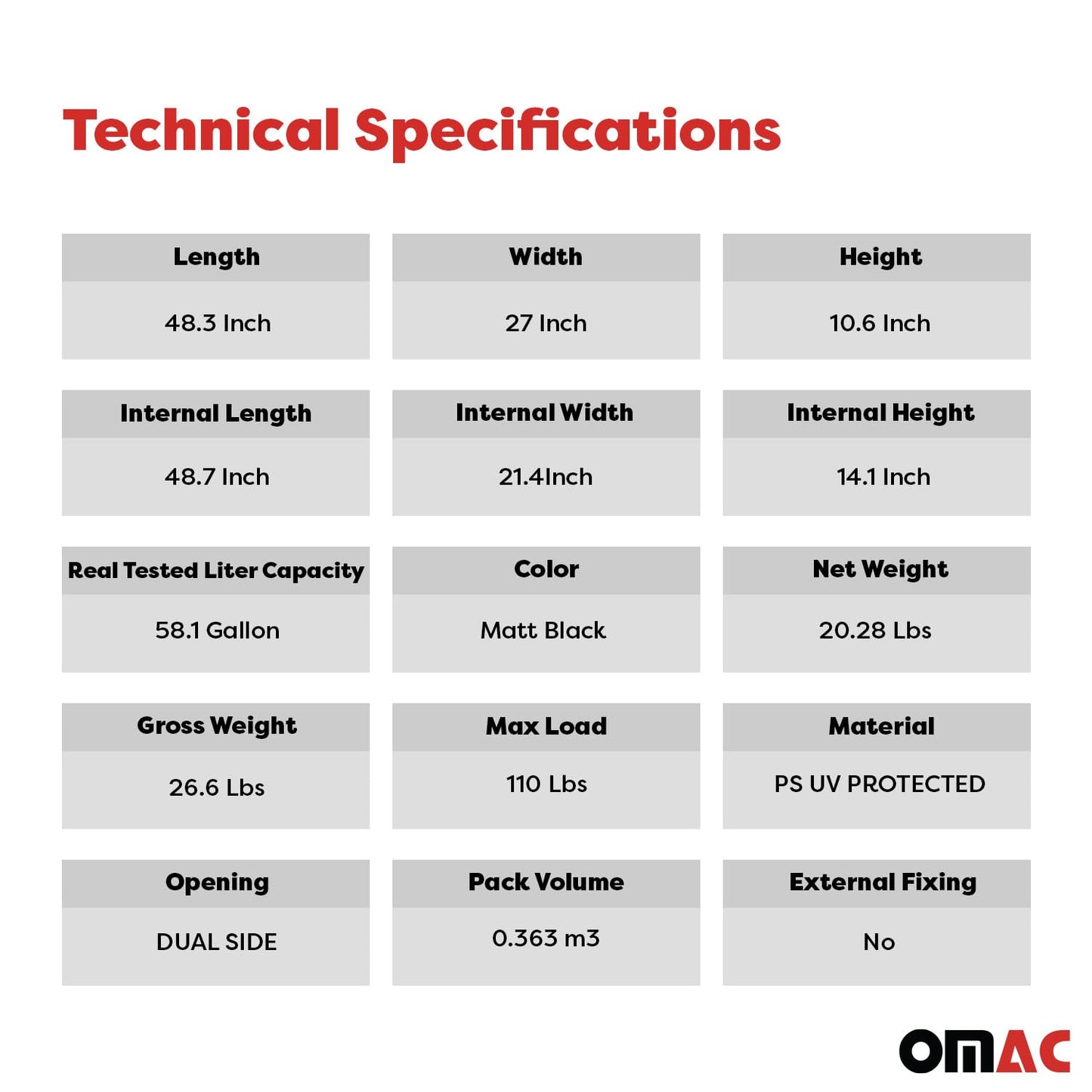 OMAC Rooftop Cargo Carrier Hard Shell, 8 Cubic Feet Cargo Box for Roof Rack, Dual-Side Opening, Waterproof Roof Box, Car Roof Carrier Hard Shell, Matt Black with Security Keys