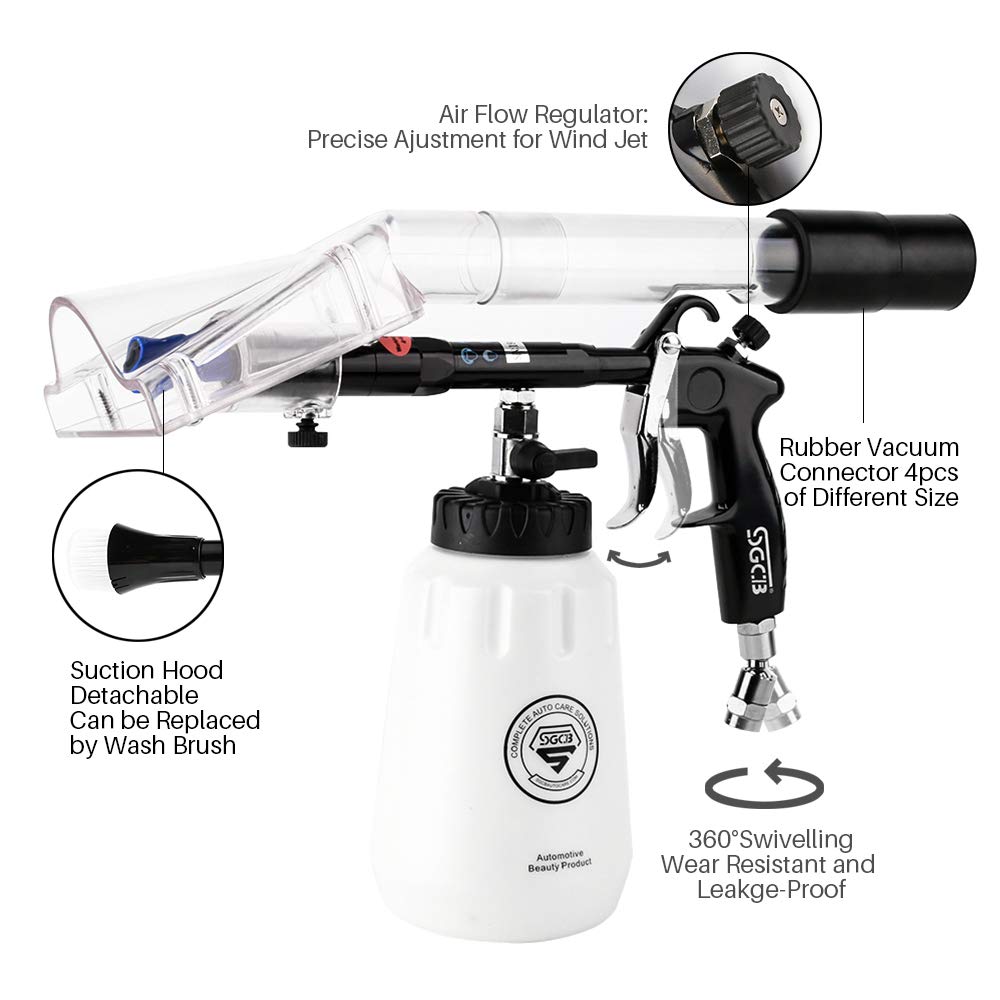 SGCB Pro High Velocity Vac Auto Interior Cleaning Brush Gun with Suction Hood, Adjustable Car Cleaning Air Duster Gun Water Spray Air Wash Cleaning Gun Tool w/Brush Nozzle & 4 Rubber Hose Connector