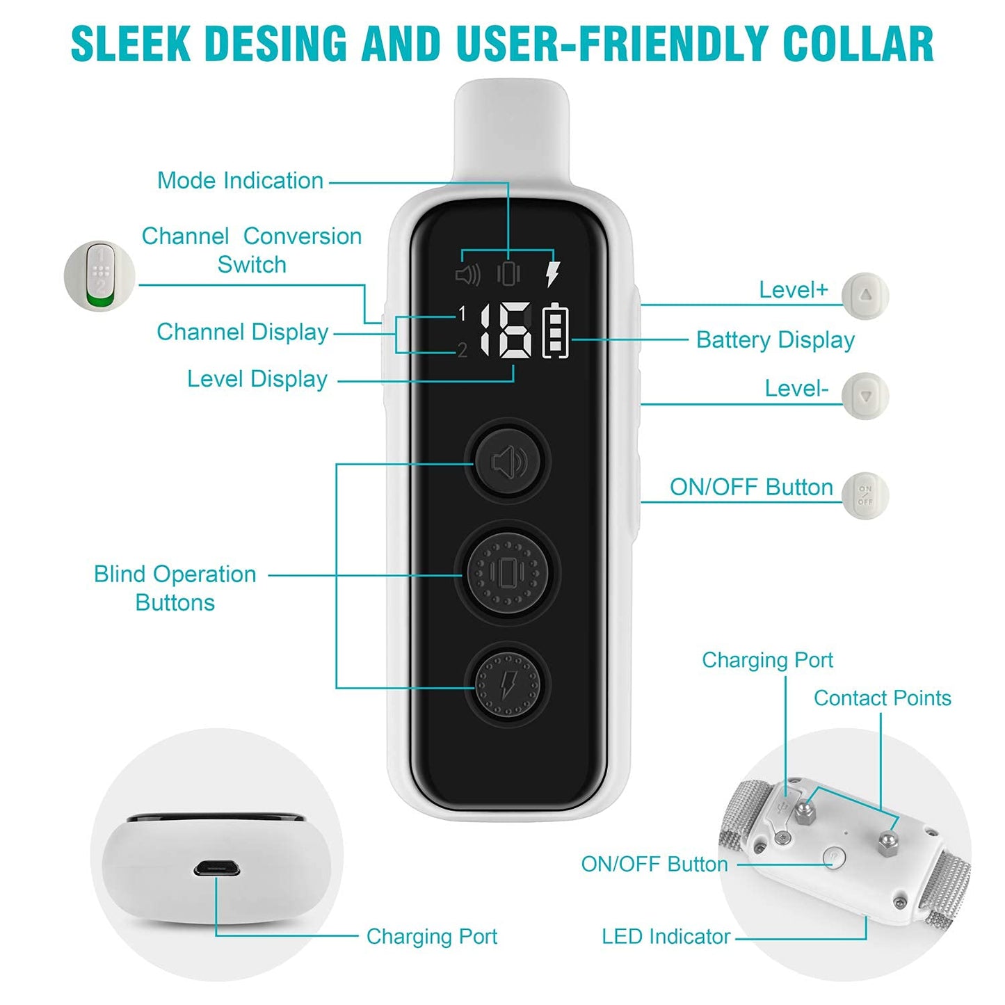 Bousnic Shock Collar for Dogs - Waterproof Rechargeable Dog Electric Training Collar with Remote for Small Medium Large Dogs with Beep, Vibration, Safe Shock Modes (8-120 Lbs) (Grey)