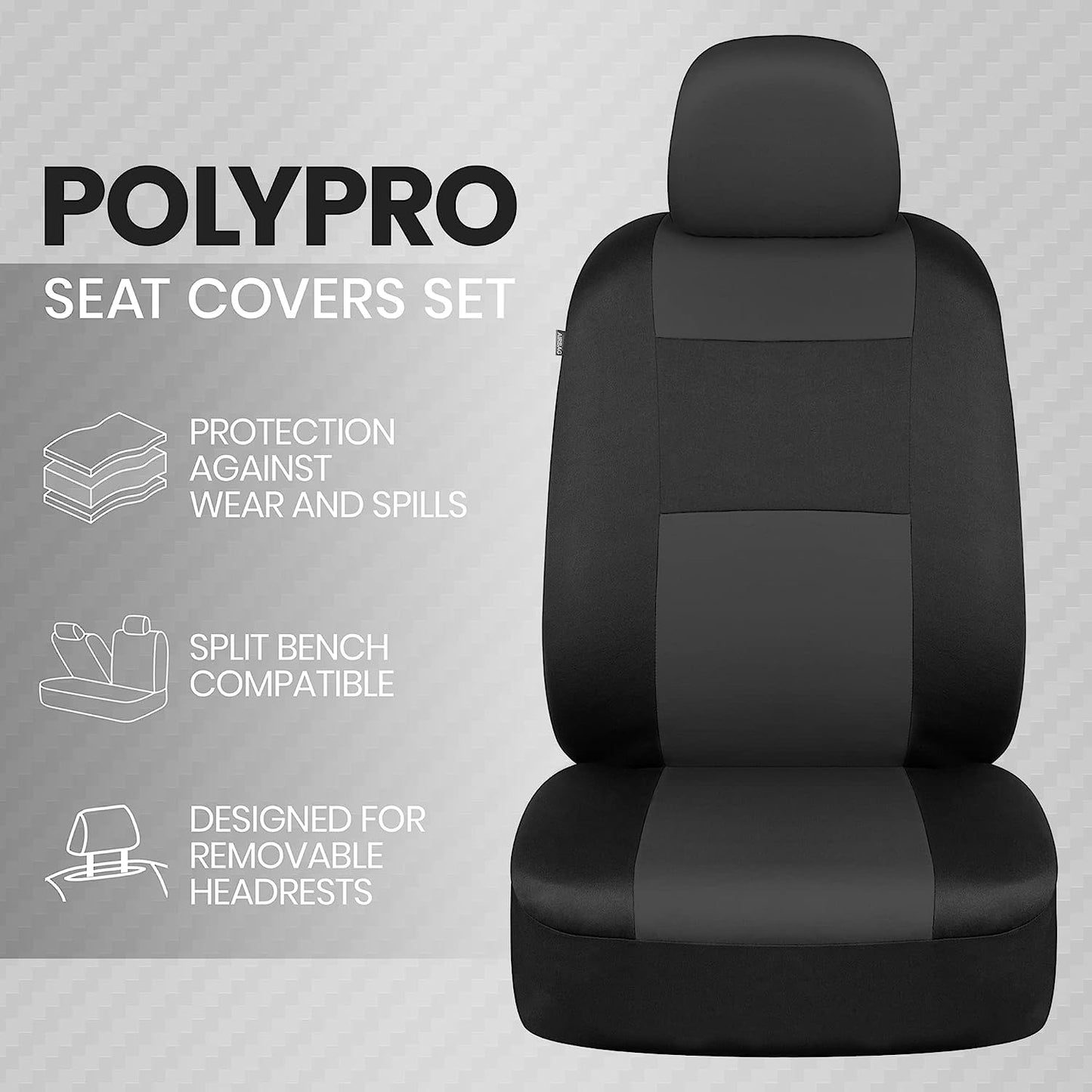 BDK PolyPro 2-Pack Front Car Seat Covers Set in Charcoal/Black - Front Seat Covers for Cars Trucks Vans SUVs Sedans, Easy to Install Front Car Seat Cover Protection, Universal Fit Car Accessories