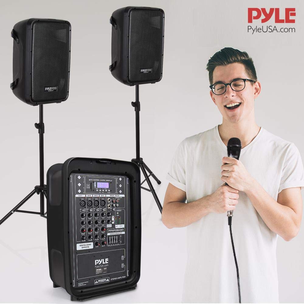 Pyle PA Speaker DJ Mixer Bundle - 300 W Portable Wireless Bluetooth Sound System w/ USB SD XLR 1/4" RCA Inputs - Dual Speaker, Mixer, Microphone, Stand, Cable - Home/Outdoor Party - PPHP28AMX,Black